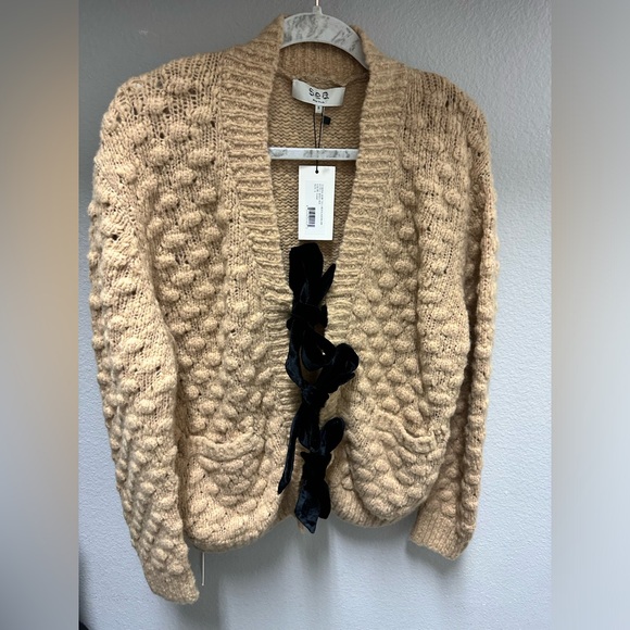NWT SEA NEW YORK Cardigan Sweater Teresa Bows Camel Tan Posh Romantic  Size S - Picture 2 of 6